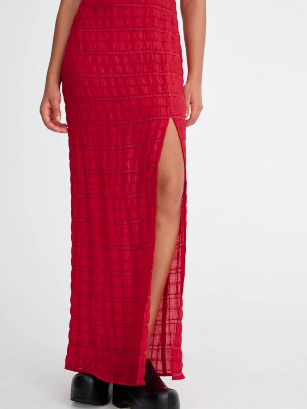 Redish Orange Textured Smocked High-Split Maxi Dress